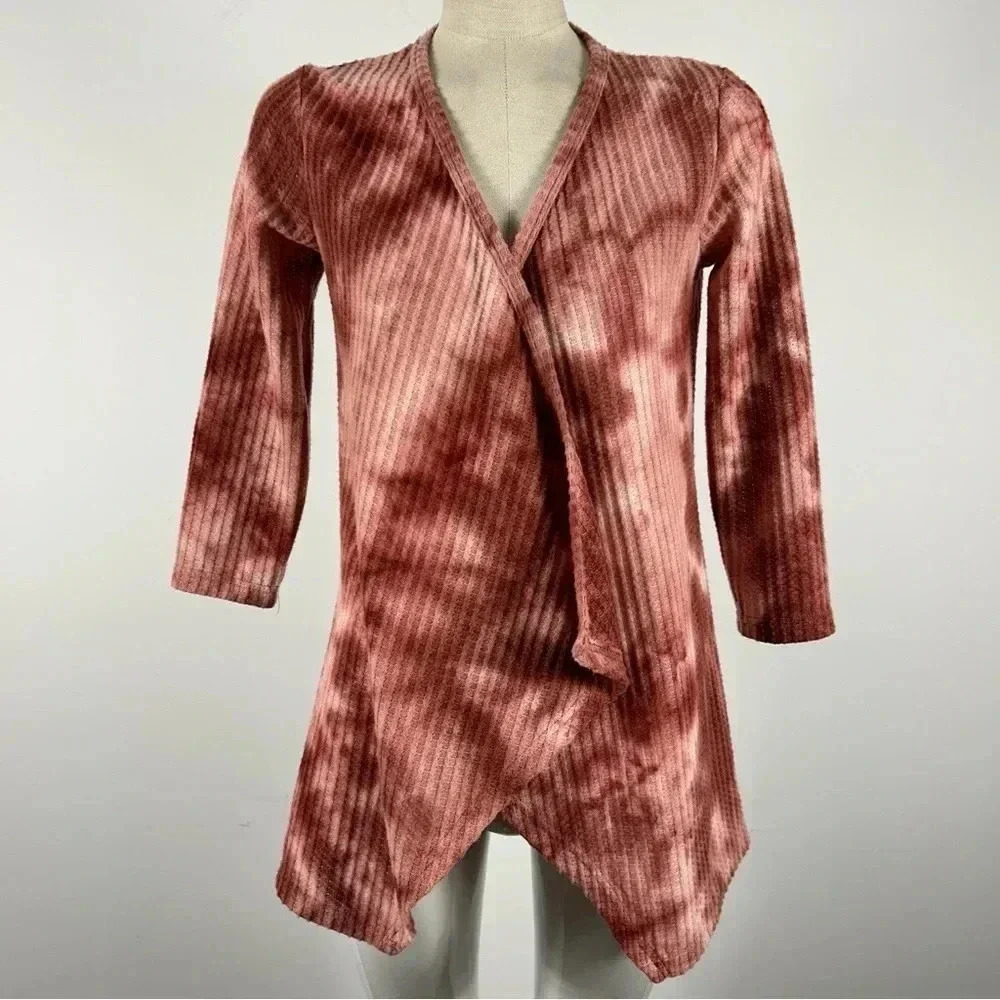 Warehouse One Boho Tie-Dye Open Front Cardigan XS Rust Watercolor Tunic ❤️ - Picture 2 of 10
